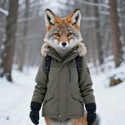 beautiful portrait of a female anthropomorphic coyote fursona wearing cold - weather gear on a snowy forest trail. gloves. character design by charlie bowater, ross tran, artgerm, and makoto shinkai, detailed, soft lighting, rendered in octane