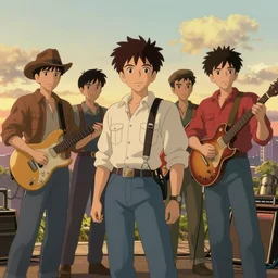 rockabilly band 1950s, high detail, golden hour, 8K, by studio ghibli
