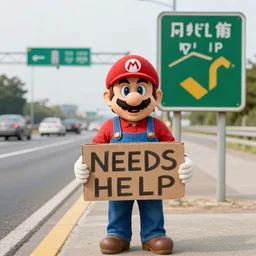 Mario standing by a freeway exit holding a cardboard sign, mario is homeless and needs help