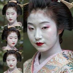 Geisha extreme closeup photo portrait, beautiful makeup, pearlescent skin, elegant pose, highly detailed kimono, photorealism, artstation, different point of view, sharp focus, photorealistic, soft diffuse lights, canon 5D 50 mm lens, zen natural background, def of field