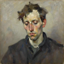Oil painting Portrait of a sad Man, by Lucian Freud, Abstract brush strokes, Masterpiece