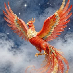 a victo ngai deco art work. a close up view of a phoenix in the fog and clouds. waves of stars. ultra clear detailed.