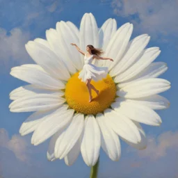 giant daisy flower head, woman dancing, surreal, clouds in sky, impressionist painting, digital painting, artstation, rob gonsalves