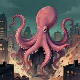 ted cruz morphing into a slimy octopus monster and destroying a city, greg rutkowski, trending on artstation,