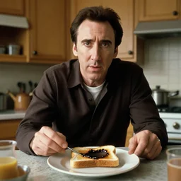 nicholas cage, burned onto a piece of toast, in a 1 9 7 0 s kitchen