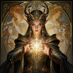 portrait of fantasy elf wizard, sorceress queen, casting a spell, face symmetrical, elite, elegant, concept art, intricate complexity, by shigenori soejima, krenz cushart, alphonse mucha, takato yamamoto, conrad roset, 4 k, beautiful, cinematic dramatic atmosphere, volumetric lighting, highly detailed, perfect, fine details, realistic shaded, fine, pretty face
