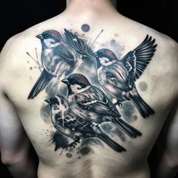 three sparrows tattooed on man back, grunge, trash polkadot, fast moving, high detailed, high contrast, cold colors, best work, first in show