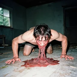 1 9 9 3, disposable camera, flash, pov, old abandoned house, human male creature, crawling, meat, ooze, slime, veins, wet