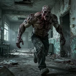 an survivor running away from a huge muscular zombie in a abandoned hospital, eerie, highly detailed digital art, creepy, hdr
