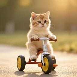 cute kitten riding a tricycle, golden ratio, golden hour