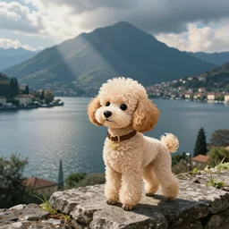 cute poodle overlooking lake como in italy, studio ghibli style
