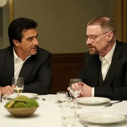 tony montana and walter white discussing business at a dinner table, 4k, hd, photorealistic
