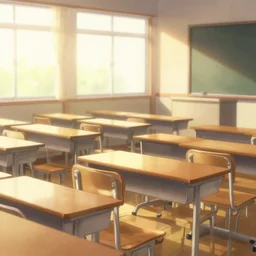 empty!! japanese classroom in golden hour lighting, key visual novel, clannad, digital painting, anime, dreamy