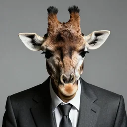 photographic portrait of a wrinkly sad max ernst giraffe feathers, wearing a suit, editorial