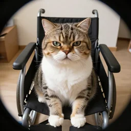 fisheye view of super fat annoyed cat sitting in a wheelchair