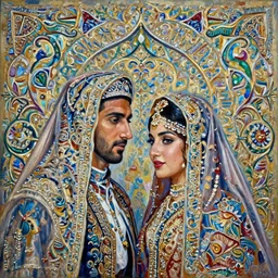 A beautiful Kurdish wedding with a beautiful kurdish bride and a handsome kurdish bridegroom, photo realistic painting, trending on Artstation, highly detailed, insanely detailed, award  winning art, realistic beautiful faces