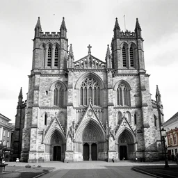 a black and white photo of an old cathedral, a colorized photo by john thomson of duddingston, cg society, quito school, 1 9 7 0 s, 1 9 2 0 s, 1 9 9 0 s