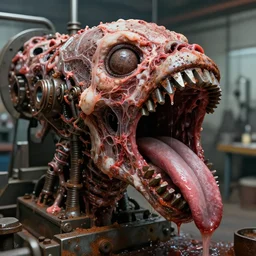 a close up of an elongated machine made of teeth tongues and raw meat rust, in a factory, concept art by giger, cgsociety, assemblage, trypophobia, greeble, grotesque, biomechanical open mouth with tongues, industrial saliva ooze