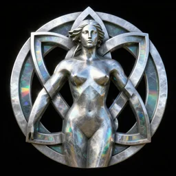 geometric metal monument sculpture of a gaelic knot with glass elements refracting rainbows into iridescent patterns, majestic female form in the center of the knot, chest open towards the camera, style of jack storms, octane render, artstation