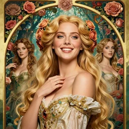 new art nouveau closeup portrait of fantasy flower vargas princess smiling seductive emilia clarke wearing a royal dress in an magic forest, anna dittmann, smooth skin, patrick nagle!!!, glamorous pose, charlie bowater and loish. long windblown blonde hair, ultrasharp focus, dramatic lighting, rose arches, octane, matte painting, intricate, d & d, poster