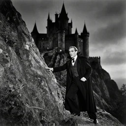 Vampire castle scene on the side of a rocky mountain, Vintage horror, vincent price, The Mummy (1931), The Thing From Another World (1951). directed by Terence Fisher