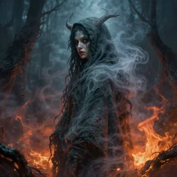 old swamp hag cloaked in ethereal smoke and shadow and fire looking away from camera, profile shot, hyperrealistic, subject in center of frame, neonpunk, oil on wood portrait by kim jung gi and rembrandt and leonardo da vinci and jan van eyck, artstation, deviantart, rule of thirds