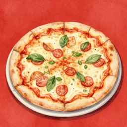 maximalist delicious pizza, by kseniia yeromenko, watercolor, illustration, red background