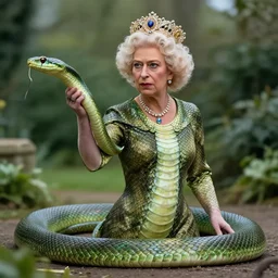 queen elizabeth as a reptile, snake woman, snake person