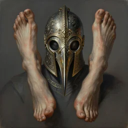 symmetry!! symmetrical painting of a man with feet instead of hands, intricate, helmet, full head, metal - beak, elegant, highly detailed, centered, digital painting, artstation, concept art, smooth, sharp focus, illustration, artgerm, tomasz alen kopera, peter mohrbacher, donato giancola, joseph christian leyendecker, wlop, boris vallejo