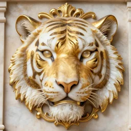 beautiful portrait of a large ornate and intricate rococo carved marble and gold tiger face, 3 d, photorealistic, symmetric, front facing, centered, hyper detailed, gold plated on black background, wallpaper, emblem, baroque medallion,
