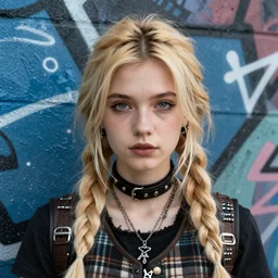 highly detailed closeup portrait of a sewer punk rogue young lady, tartan vestments, blonde hair by atey ghailan, by greg rutkowski, by greg tocchini, by james gilleard, by joe fenton, by kaethe butcher, gradient, blue, black, brown and cream color scheme, grunge aesthetic!!! white graffiti tag wall background