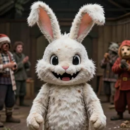 actually disturbing bunny mascot that looks ragged and has an insane grin, lost media, unnerving, 1 9 8 7 holiday camp photo