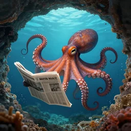 red octopus floats through a portal. octopus reads newspaper