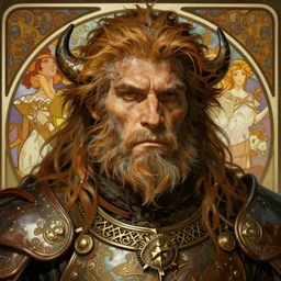 realistic detailed face portrait of a rugged handsome beast shaman in ornate leather armor by alphonse mucha, ayami kojima, amano, greg hildebrandt, and mark brooks, male, masculine, art nouveau, neo - gothic, gothic, character concept design