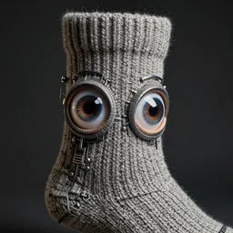portrait photo of a wool sock with giant eyes, face made from thick cyberpunk wires, extremely high details, realistic, by MC Escher and Rene Margitte and victor enrich