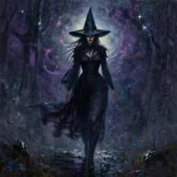 dreamy vision of witch walking through heavy rain, epic, cosmic, intricate details, oil on canvas