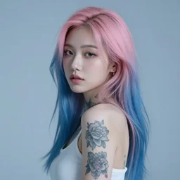 beautiful asian girl with tattoo's and blue pink hair looking in the camera with misty and glowing background, new wave, portrait, 8 k, digital art