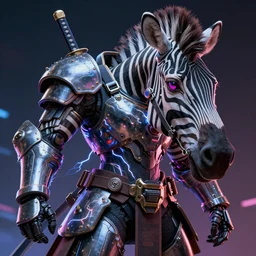 wide shot, photo of a zebra head, a huge humanoid zebra-woman with a katana, in a heavy futuristic armour without a helmet, hyper realistic, hyper detailed, coherent photo, trending on artstation, cyberpunk, Japanese style, volumetric lightning, neon, electric colours, Cinematic, Dramatic, Film Grain, Kodak Portra, Depth of Field, 15 mm octane render, 4k, raytracing, blender