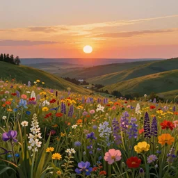 The sun setting over valley full of vibrant flowers painted by Bierstadt, digital art, trending on artstation