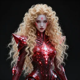 the resplendent fractal warrior of resonance, genetically engineered super soldier, pale androgynous prince with long fluffy blond curly hair, glowing red with white diamonds and black background, high resolution octane render, sci fi