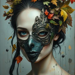 portrait of beautiful female model, ornate metal half face mask, by irakli nadar with intricate detailed color smashing fluid oil paint and acrylic, dried moss and dried autumn leaves headdress, haunting, elite, elegant, melting wax, mycelia, abstract impressionism, ruan jia, dark fantasy, hyper detailed, concept art, by gustav klimt,
