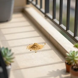 dog poo on apartment balcony, photojournalism, depth of field, zoom, ultra - hd, sunlight, viewed from a distance, tiles, small succulent plants