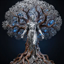 a human man statue encased by a cosmic tree, a sense of awe, amazement, monogon, plasma display, wooden, silver, mercury, damascus, armature wire, multiscopy, morph, in a symbolic and meaningful style, insanely detailed and intricate, hypermaximalist, elegant, ornate, hyper realistic, super detailed,