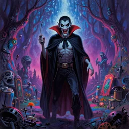 Horrifying vampire in a beautiful lsd multiverse, Don Bluth matte painting, post-processing, fantasy , masterpiece , painting , vibrant colors