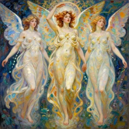 illustration studio portrait of spacepunk three beautiful seraphim female energy in artistic poses in nature, monet painterly motives and textures pattern, hyper detailed, octane render, vivid colors, artstation, by jeremy mann, by alphonse mucha, by monet