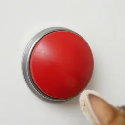 Photo of a cat pressing a big red button