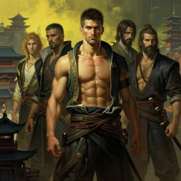 cyberpunk ancient japanese city, orientalist intricate portrait of a muscular man by john william waterhouse and edwin longsden long and theodore ralli and nasreddine dinet, hyper realism, dramatic lighting