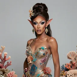 brown - skinned gorgeous coral reef fae themed drag queen. porcelain professional art doll, backlighting, depth of field, 4 k, ink and gold, safe for work