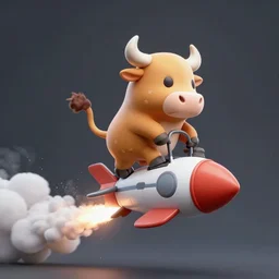 a cartoon bull riding a rocket there there is a trail of smoke coming from the rocket the bull is excited to ride the rocket the bull has twisted smile, cell shaded, flat lighting, drop shadows
