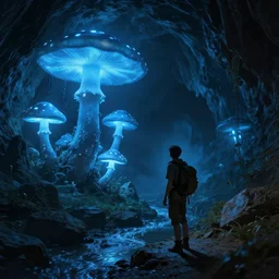an adventurer finding a mystical cave with huge magical mushrooms, glowing blue, a stream of water, dark rocks, shadows, atmospheric, very detailed, cold blue light, artstation